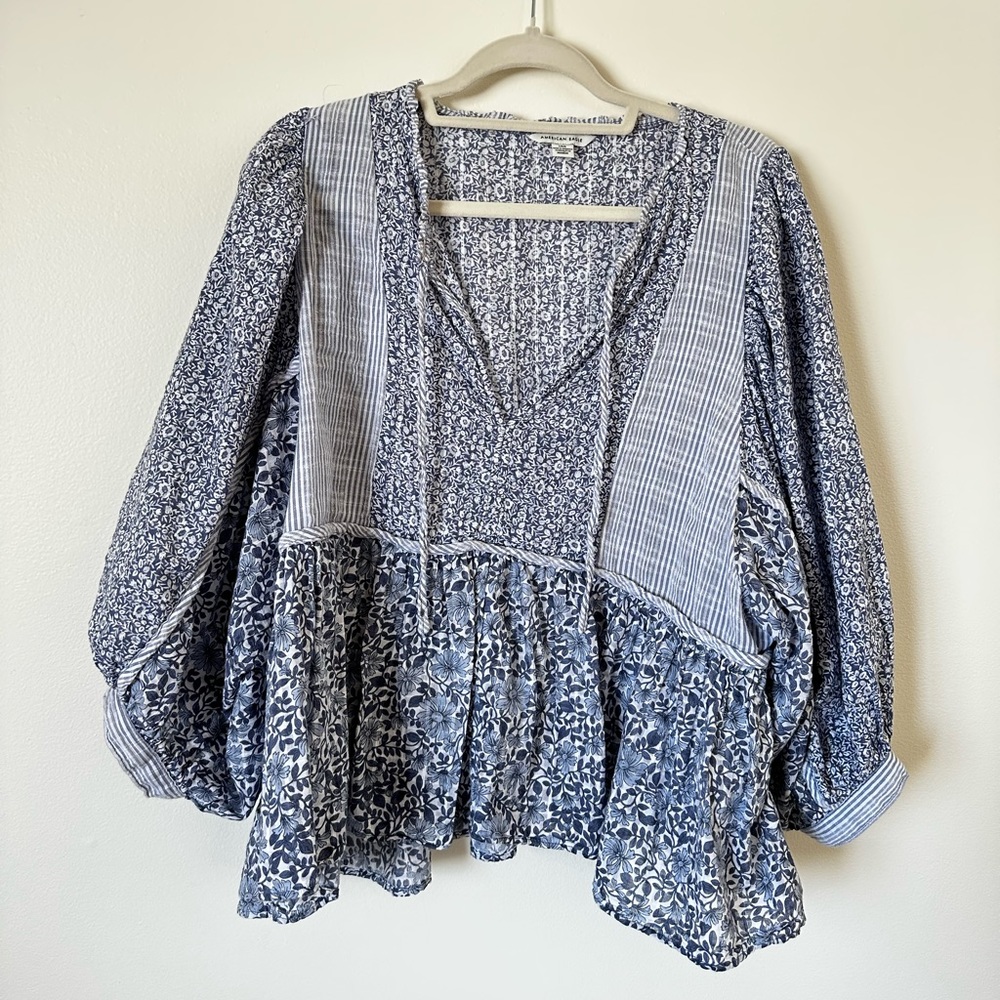 Blue floral American Eagle gauzy top.